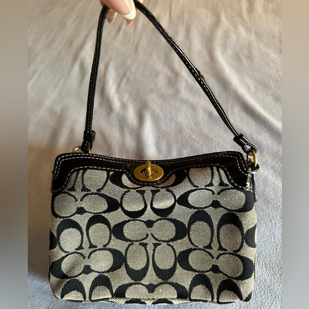 Grey & Black Coach Monogram Mini Pouch Wristlet